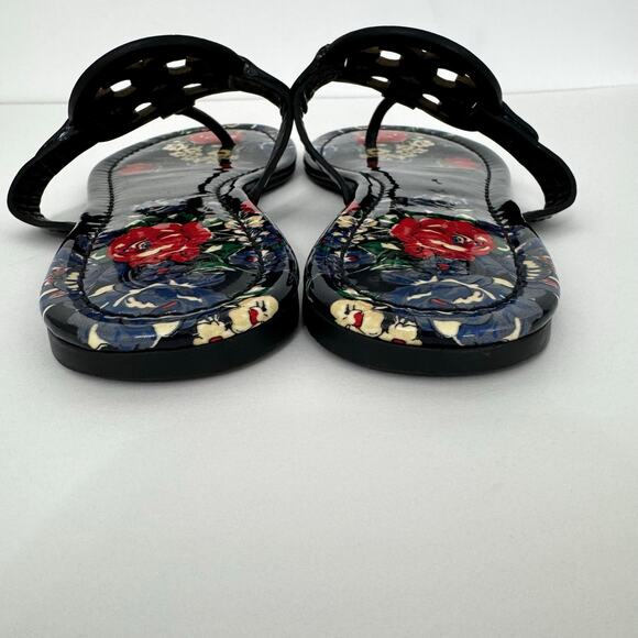 Tory Burch Miller Sandal Slippers Navy Tea Rose Patent Leather Logo 7.5M - Picture 6 of 12